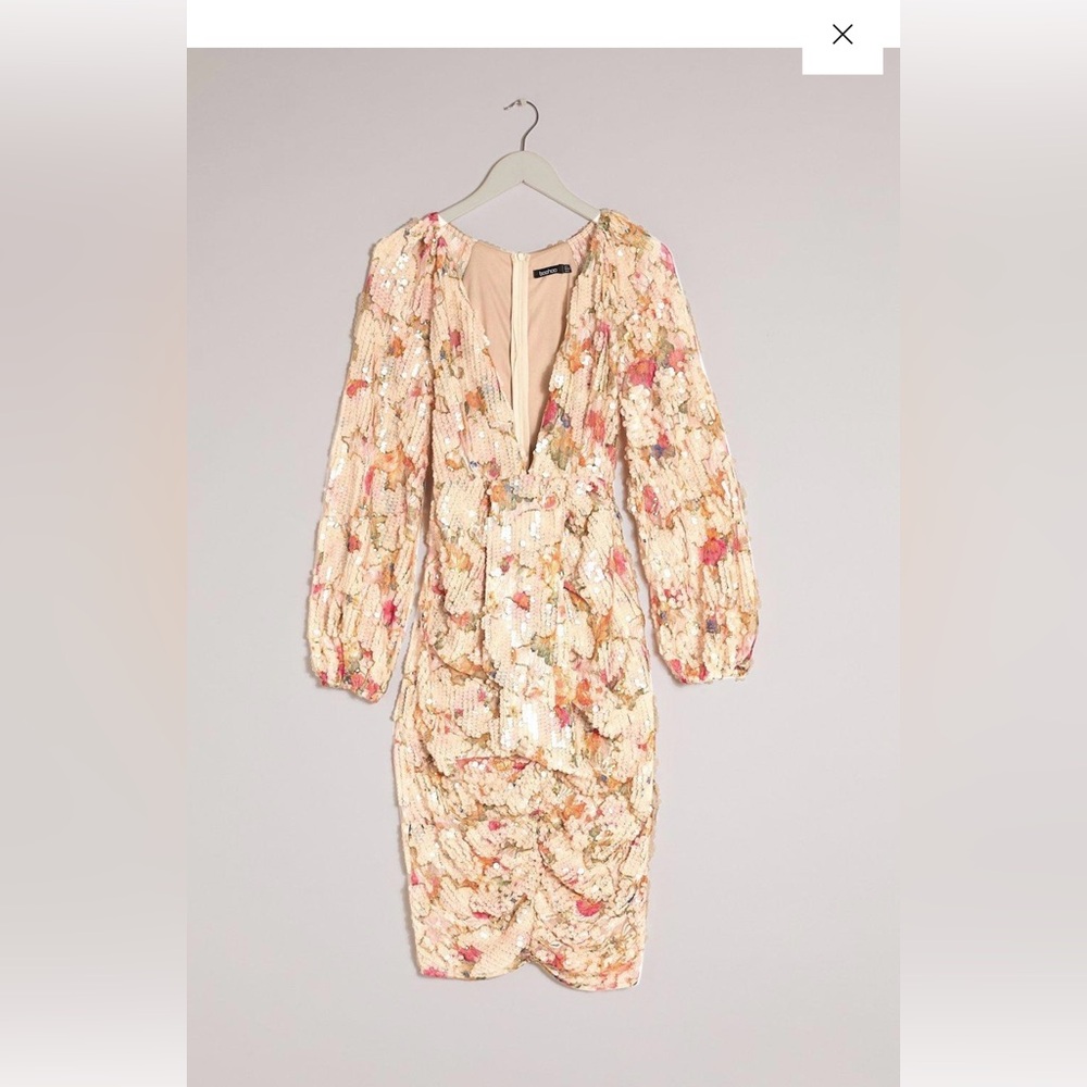 BOOHOO OCCASION SEQUIN PUFF SLEEVE MIDI DRESS